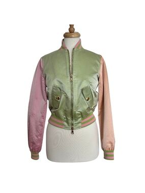 Moschino Vintage 90s Cheap & Chic Runway Pastel Green and Pink Bomber Jacket (6)